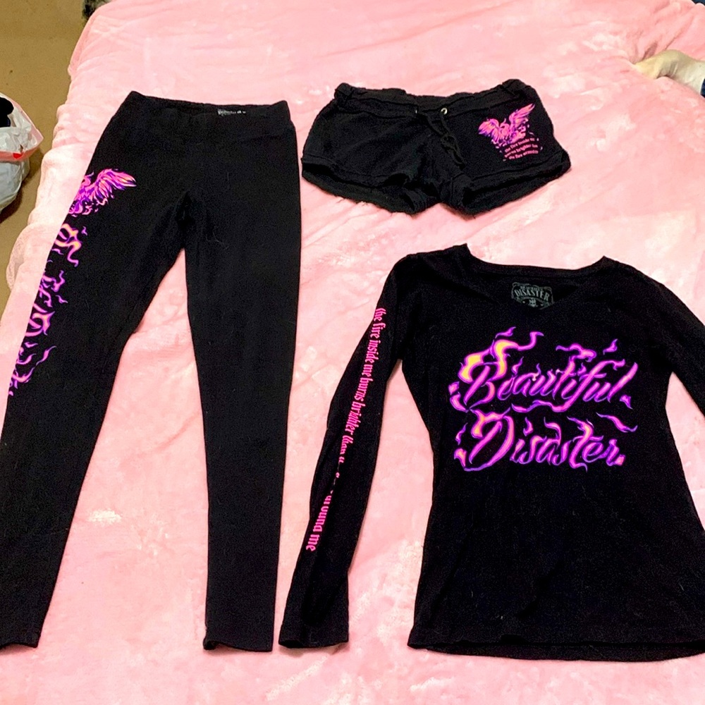 Beautiful disaster bundle shorts, leggings and long sleeve top .
